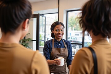 Obraz premium Cheerful Young Black Woman Barista Serving Coffee to Two Female Customers in a Modern Café Environment