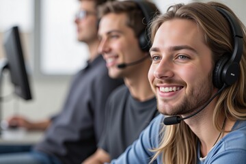 A young man with long hair and a cheerful expression wearing a headset, working in a call center alongside two colleagues focused on computer screens, engaged in customer service.