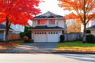 A residential house showcases autumn foliage and beautiful fall colors