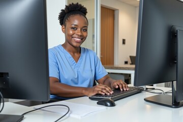 Smiling Young African-American Female Medical Professional Working on Computer at Modern Healthcare Facility with Dual Monitors