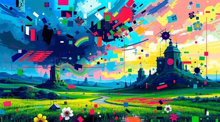 Vibrant Glitch Art Landscape Digital Painting with Fractured Shapes and Pixelated Textures