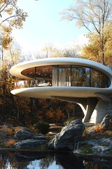 Explore a modern architectural blueprint for a futuristic house set in natural surroundings, featuring innovative design and environmental integration
