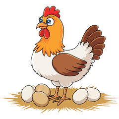 Hen with seven eggs on white��