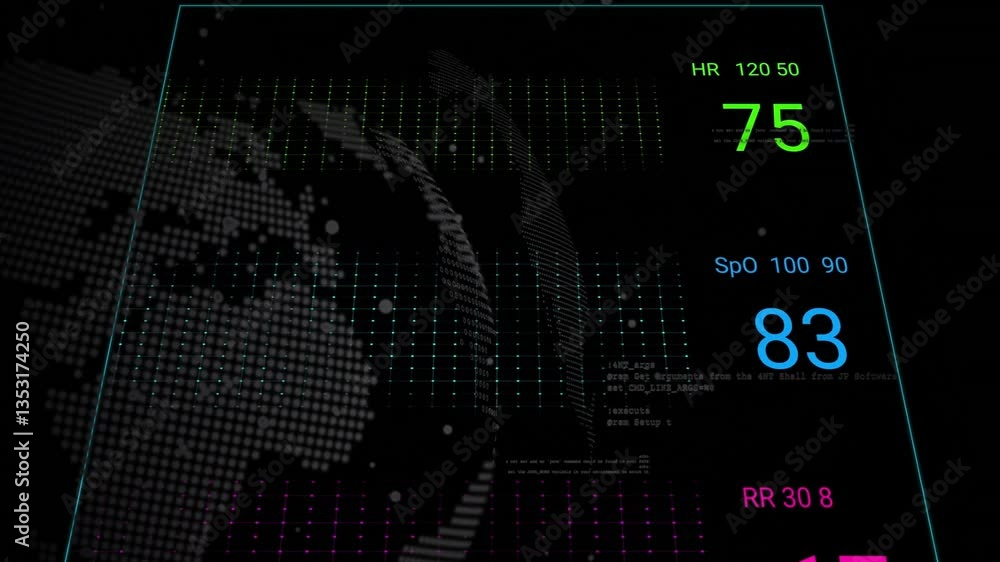 Aufkleber animation of colorful heart rate and oxygen saturation graphs on digital world map