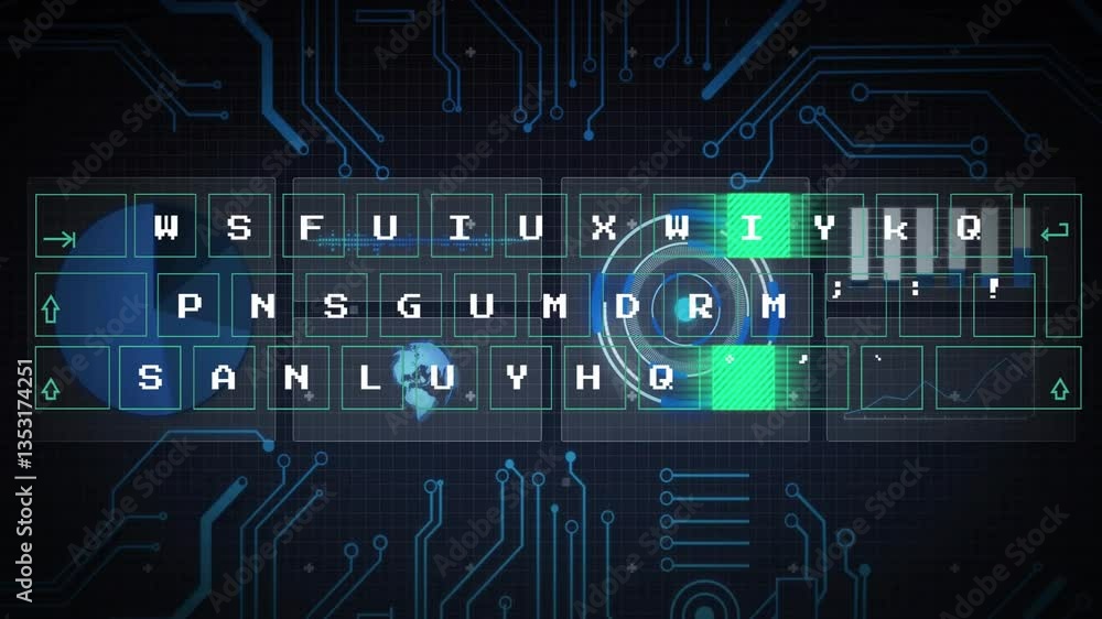 Poster circuit board pattern with digital code and rotating globe animation