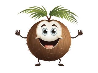 Kawaii coconut character &ndash; happy with palm leaf hair and open arms. 