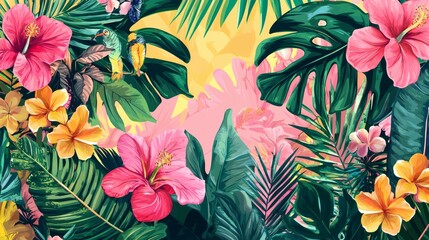 Vibrant Tropical Floral Arrangement with Hibiscus and Leaves