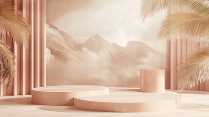 Minimalist light beige podium display with mountains and palms