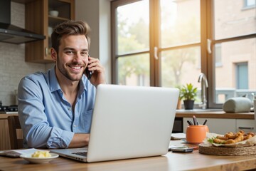 Young Caucasian Male Working from Home in a Bright Kitchen, Engaging in a Telephone Conversation While Using a Laptop with Breakfast on the Table