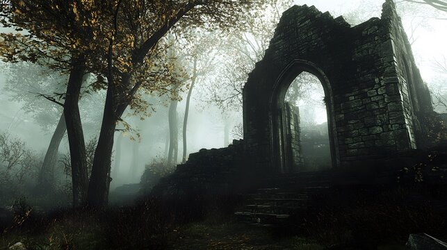 A mysterious misty forest with a hidden ancient ruin - Powered by Adobe