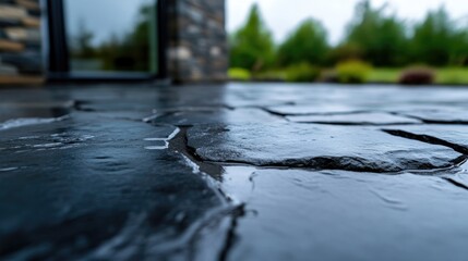 Fototapeta premium Wet black slate stone patio tiles reflecting light after rain with a blurred modern house background.