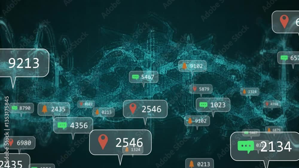 Poster animation of digital map with location pins, data notifications, network connections