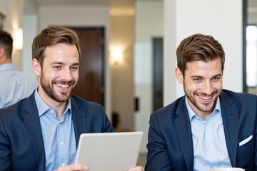 Two Young Adult Men Smiling While Working Together in a Modern Office Setting, Engaged in a Collaborative Task Using a Tablet Device