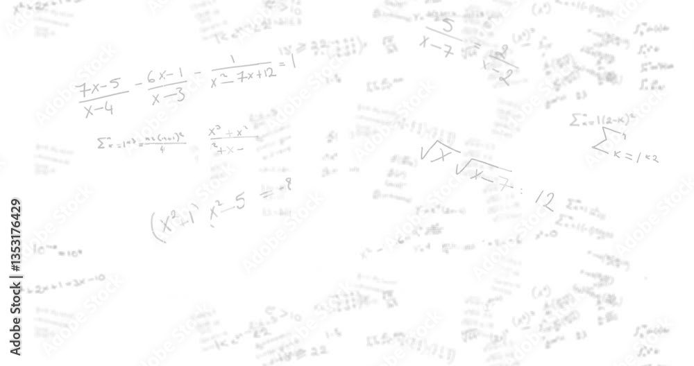 Poster animation of mathematical equations and formulas scattered on white background