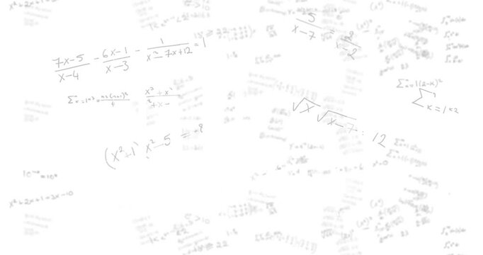 Animation of mathematical equations and formulas scattered on white background