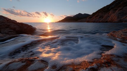 Fototapeta premium Stunning sunset over the ocean, rocky shoreline. Waves gently lapping over rocks, illuminated by golden sunlight