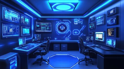 Futuristic Blue Lit Control Room Workstation Setup