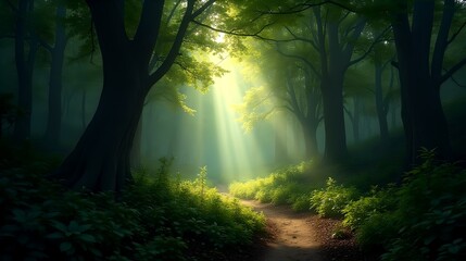 Obraz premium Sunbeams Illuminate Mystical Forest Path Lush Greenery and Foggy Atmosphere
