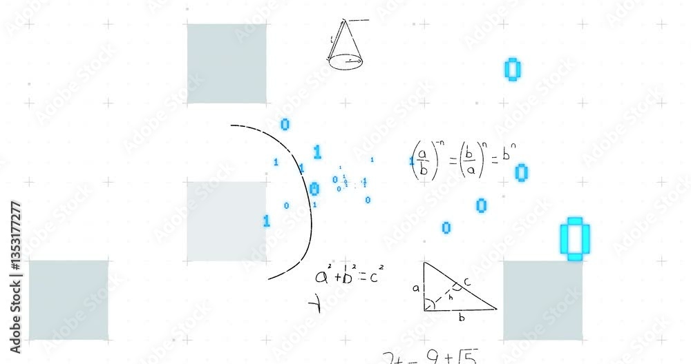 Poster mathematical equations and shapes with binary code animation over grid background