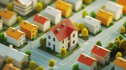 Isometric 3D model a house among other buildings, providing a bird's eye view urban residential planning