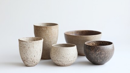 Assorted handcrafted ceramic bowls and cups on white background
