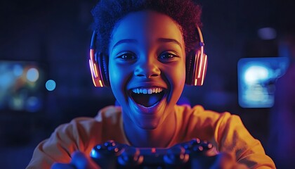 An excited child is playing video games with headphones on