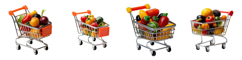 Miniature shopping carts brimming with fresh colorful fruits and vegetables for healthy eating options and snack decisions
