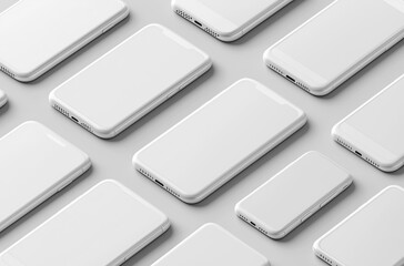 Multiple White Smartphones Arranged in Mockup Isolated, help desing mockup, Repeating Pattern on Gray Surface