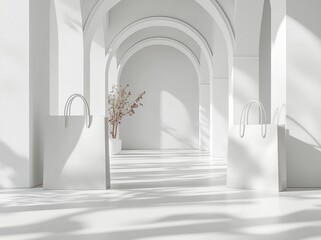 Fototapeta premium Two White Shopping Bags in Mockup Isolated, help desing mockup, Sunlit White Archway Hallway