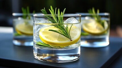 Fototapeta premium Refreshing summer drinks with lemon and rosemary. Three clear glasses filled with ice, lemon slices, and rosemary sprigs