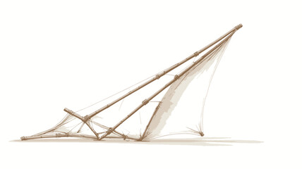 The image shows a close-up view of a small-scale model or structure constructed primarily of light brown wooden elements arranged in a geometric, triangular configuration.  A light beige fabric,