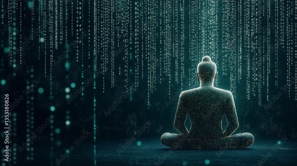 Poster digital enlightenment: a serene figure meditates amidst a cascade of binary code, seamlessly blendin