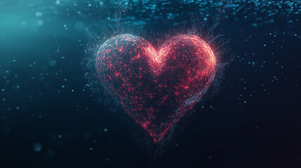 Glowing Heart Undersea: A luminous, fiery heart pulses with light amidst a dark, aquatic expanse, evoking feelings of passion, emotion, and the depths of the human experience.