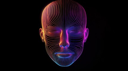 Naklejka premium Abstract digital human face, glowing lines, dark background, neural network visualization