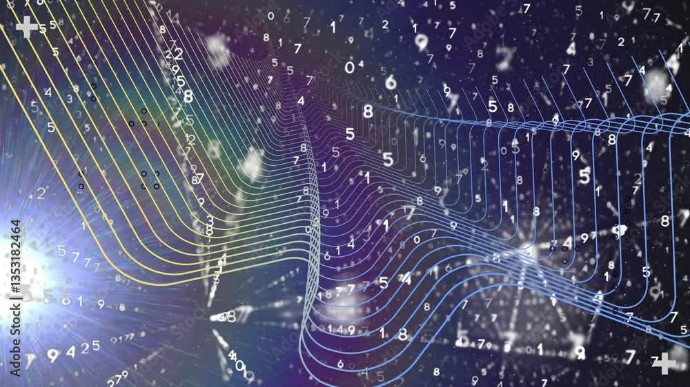 Poster creating animation, dynamic data visualization with flowing lines over cosmic background