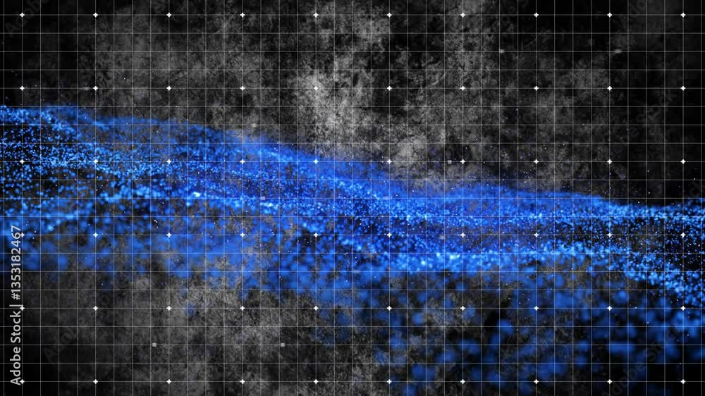 Poster flowing blue digital wave animation over grid background with glowing points