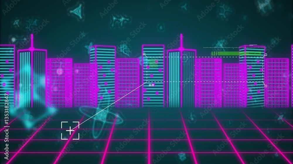 Poster neon animation of city skyline with grid and digital data elements