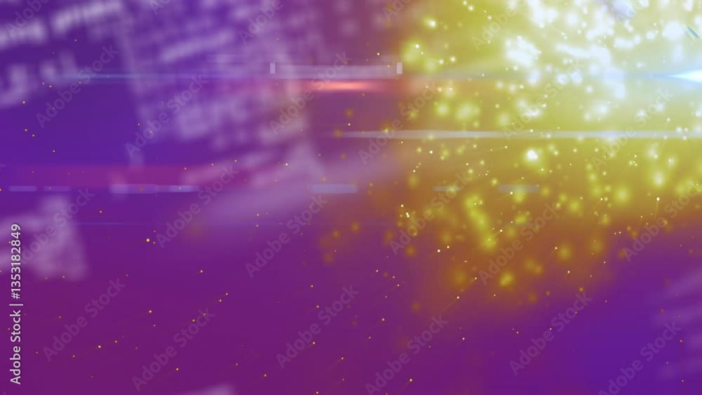 Poster animation of glowing particles with light burst over text on purple background