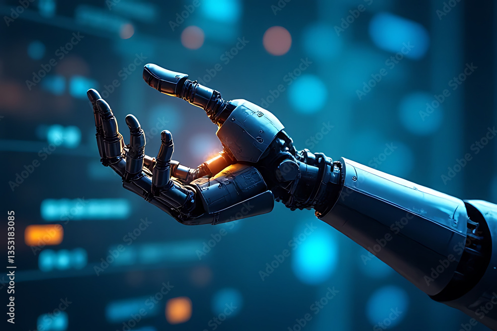 Poster exploring robotic innovation robotic arm manipulation technology lab digital environment close-up