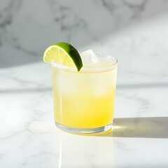 minimalist composition of a Daiquiri cocktail in a unique glass with ice and a lime wedge garnish, beautifully arranged on a marble surface 