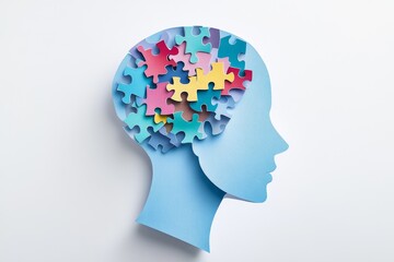 Colorful puzzle pieces forming a brain inside a head silhouette.