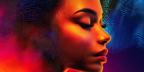 A woman with closed eyes appears against a colorful background