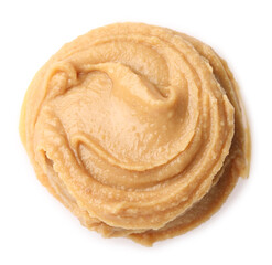 Sample of tasty nut butter isolated on white, top view