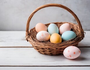 Easter painted eggs in the basket on wooden rustic table for your decoration in holiday, Minimalist, Copy Space
