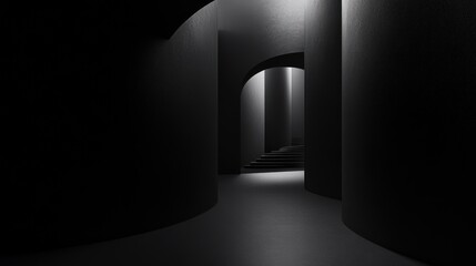 Abstract dark architectural hallway with light at end