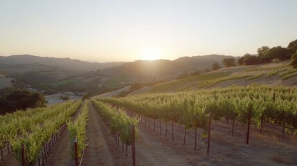 Fototapeta premium Golden Sunset over California Wine Country Vineyard.