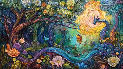 Surreal Forest Landscape with Colorful Flowers and Flowing River