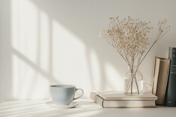 A serene still life image shows coffee books and flowers