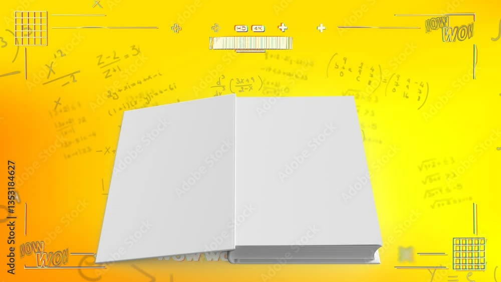 Poster open blank books on yellow background with mathematical equations and animation