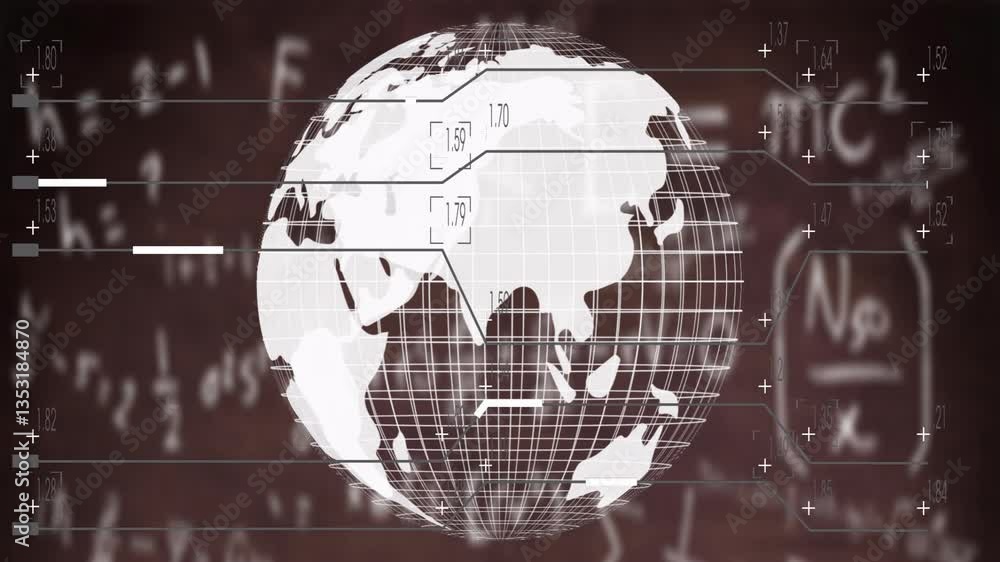 Poster animation of rotating globe with data points over chalkboard equations in school